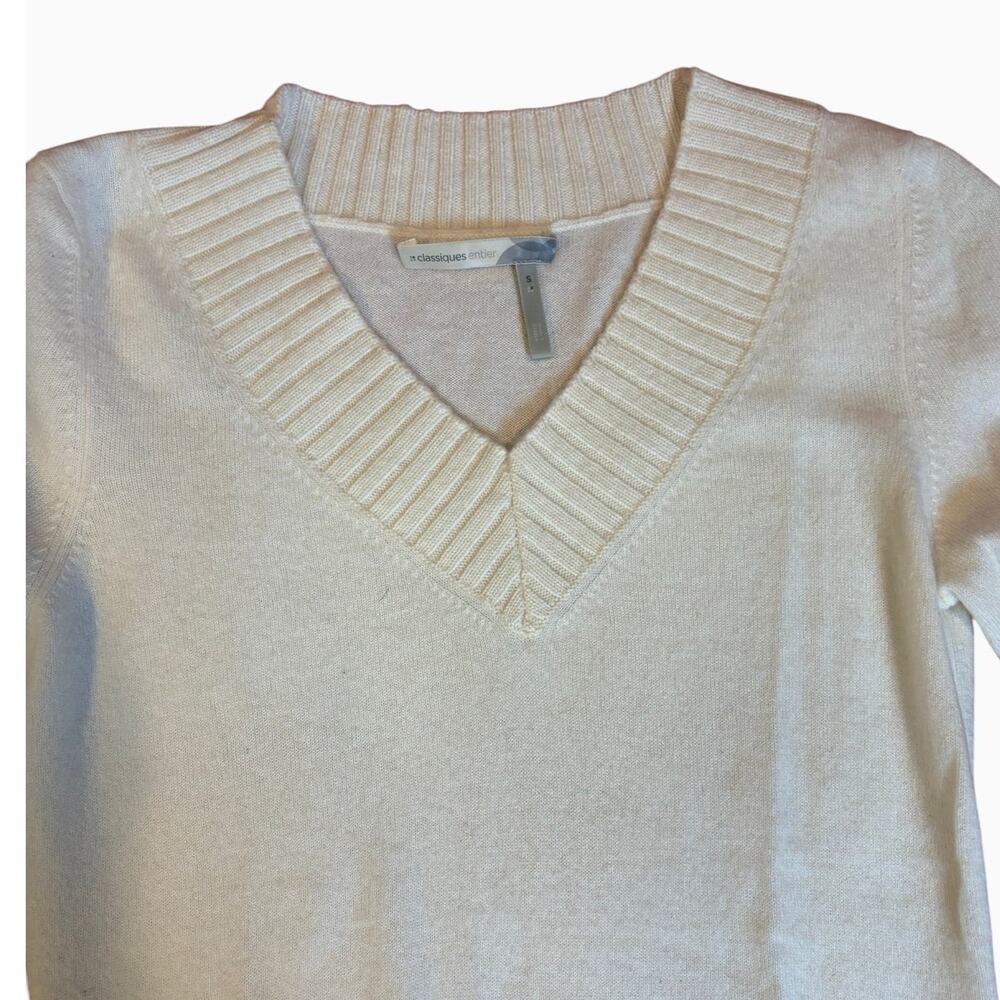 Classiques Entier Women's 100% Cashmere Sweater SMALL Cream V-Neck Ribbed Trim